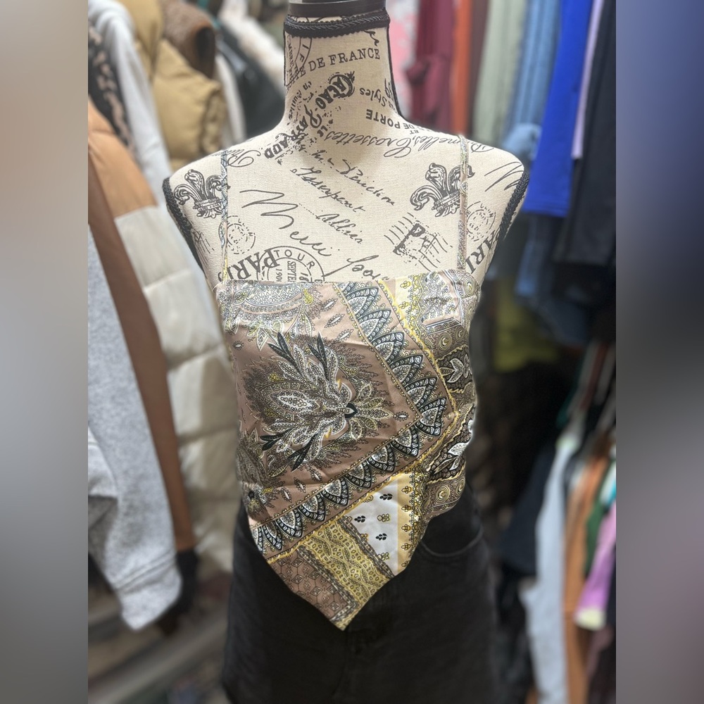 Tan/ beige paisley, bandana style tie top, spaghetti strap